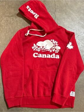 Roots Red hooded Sweatshirt with White Canada Beaver Logo